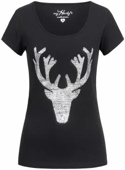 Overig Trachten T-shirt Hert + Zilveren Pailletten Zwart