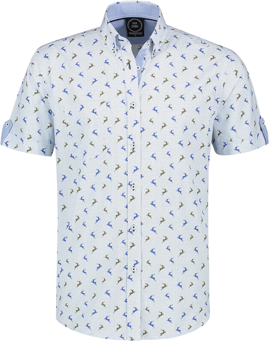 Overig Trachtenhemd Blauw/Wit Korte Mouw Met Hertjes (100% Katoen) 1 Overig Trachtenhemd Blauw/Wit Korte Mouw Met Hertjes (100% Katoen)